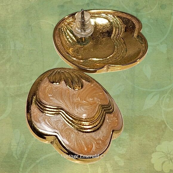 Vtg Enamel Peach Clip On Earrings Woman' Jewelry 80's Goldtone Retro Swirl Shell - Picture 7 of 11